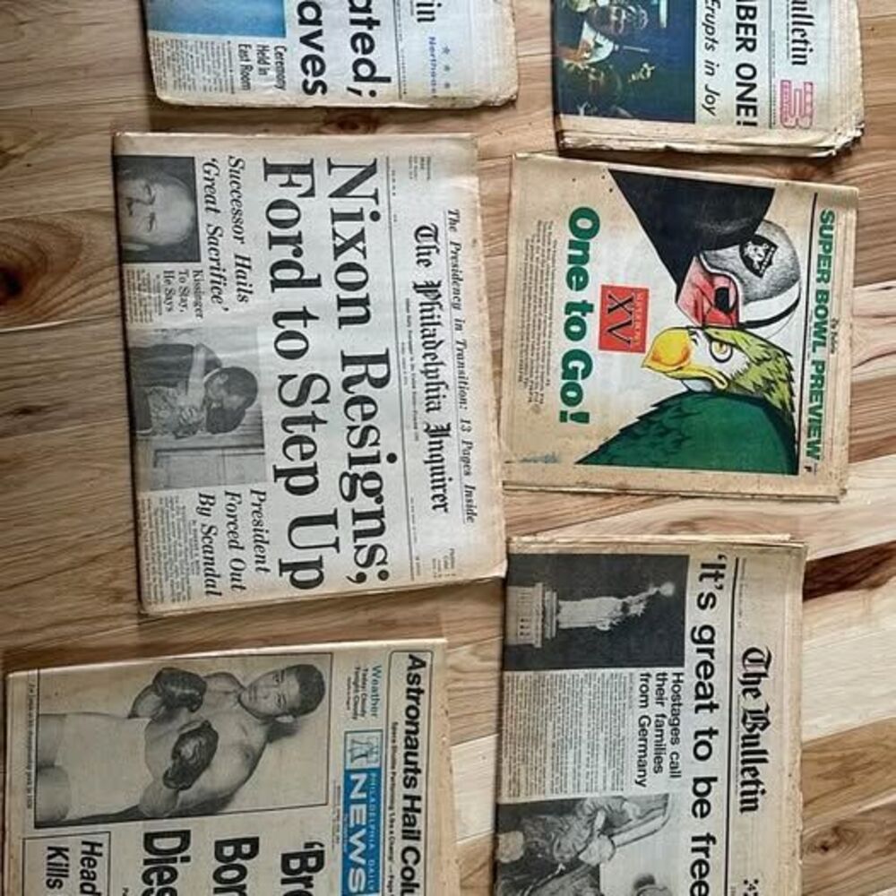 vintage headline news-EAGLES;FLYERS; resignation of Nixon;joe Louis ;hostage rel